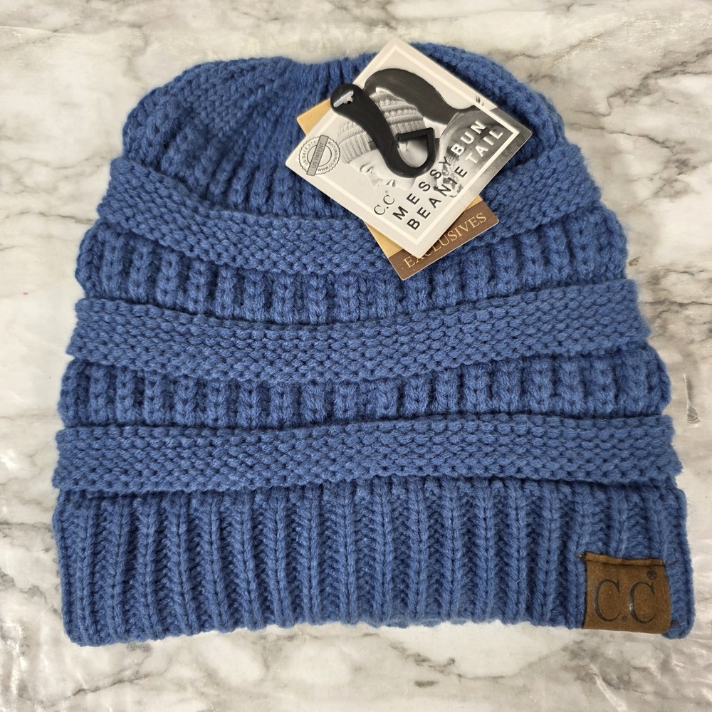 C.C Exclusives Womens Blue Messy Bun Beanie Tail Knitted Winter Hat New With Tag
